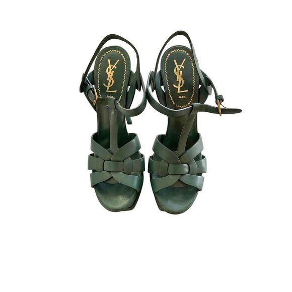 YSL Tribute Platform Leather Heels Sandals Shoes Size 38 7.5 Green - Picture 4 of 8